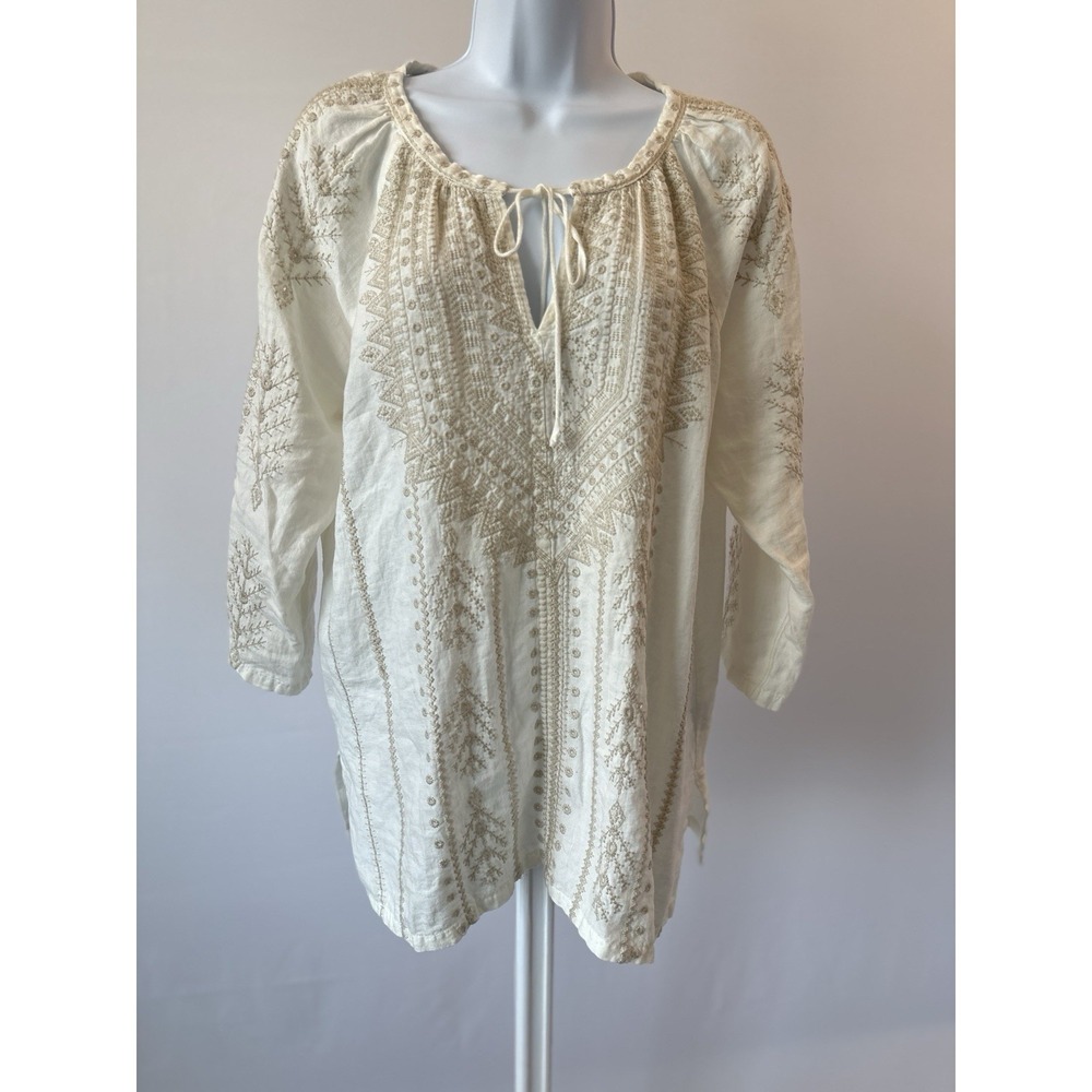 JOHNNY WAS LA Embroidered Ivory Linen Peasant Top Boho Chic Size S
